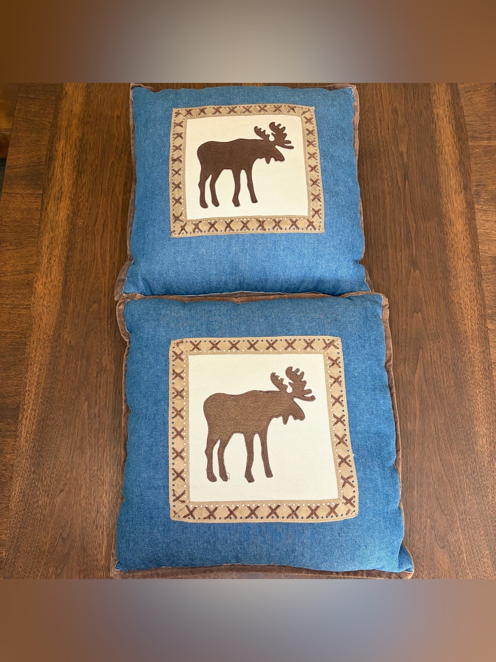 Woolrich Moose Blue Brown Decorative Pillows Piped Edges Set of 2 Rustic Cabin